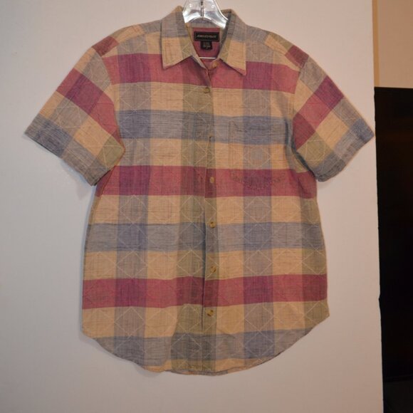 ANGELIQUE Cotton Button-Down Shirt Grey-Red-TanTextures Pattern Round Bottoms S - Picture 12 of 14